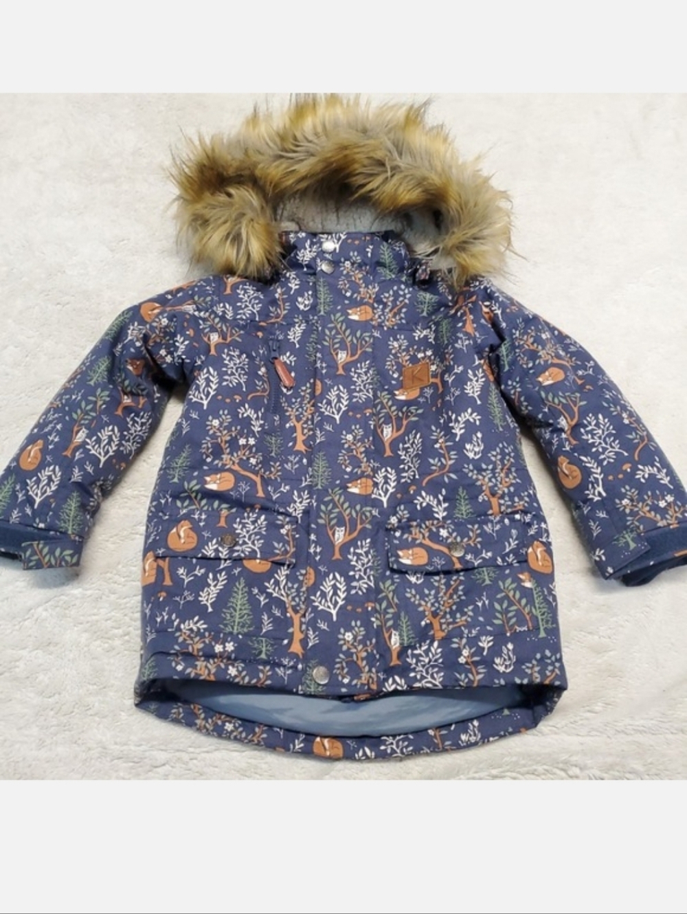 Kuling‎ Navy Blue Might Forest Fox Hooded Fur Parka Snow Coat Unisex Kids 98  3T